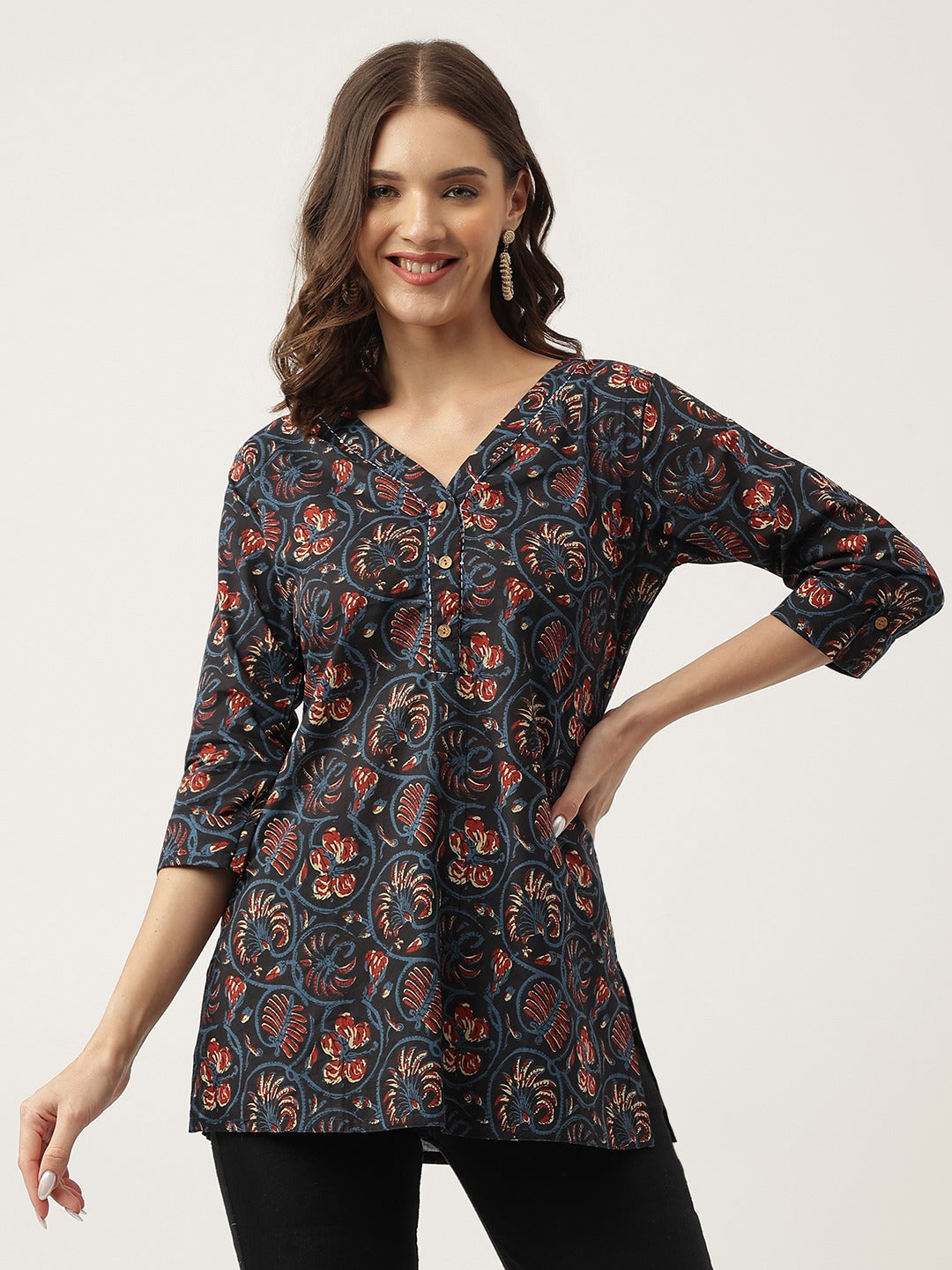 Navy Blue Floral Printed V-Neck Top