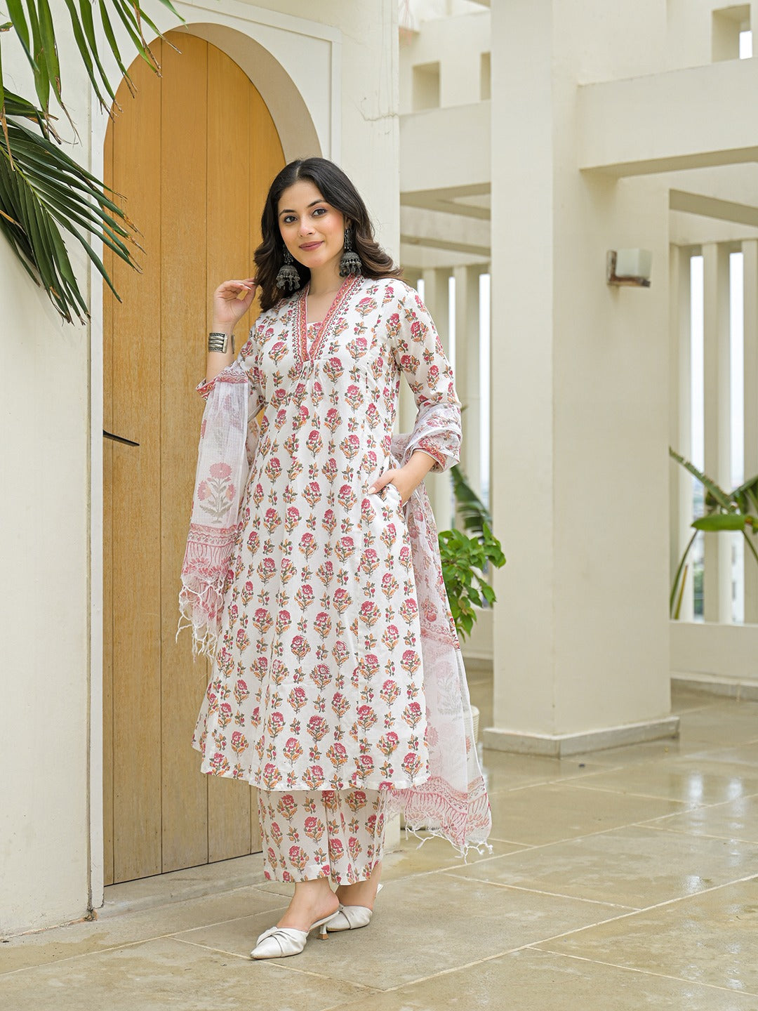 White Hand Block A-Line Kurta Pant Set With Dupatta