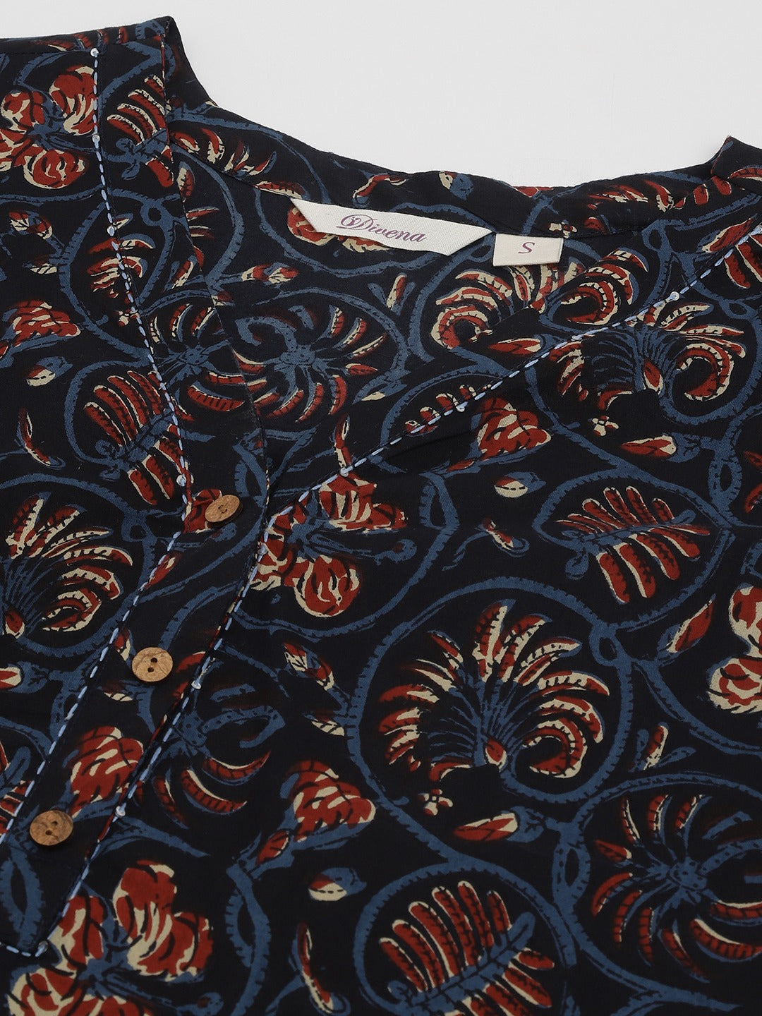 Navy Blue Floral Printed V-Neck Top