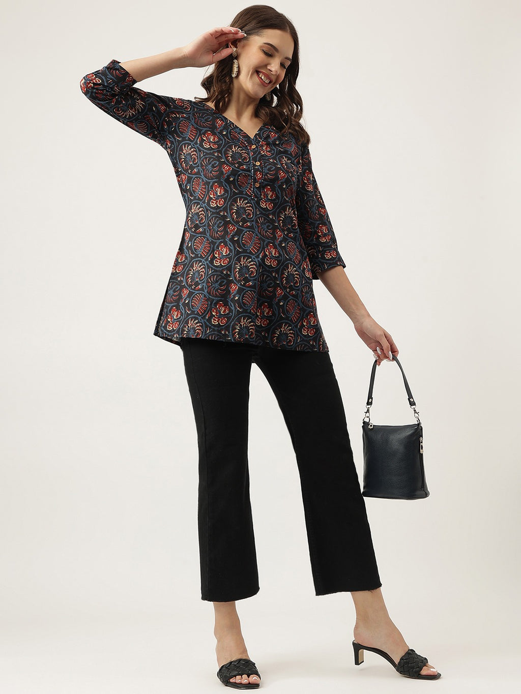 Navy Blue Floral Printed V-Neck Top