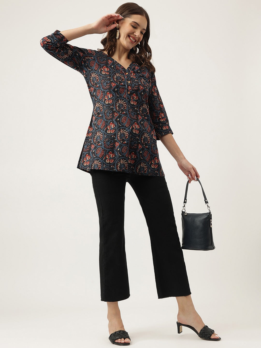 Navy Blue Floral Printed V-Neck Top