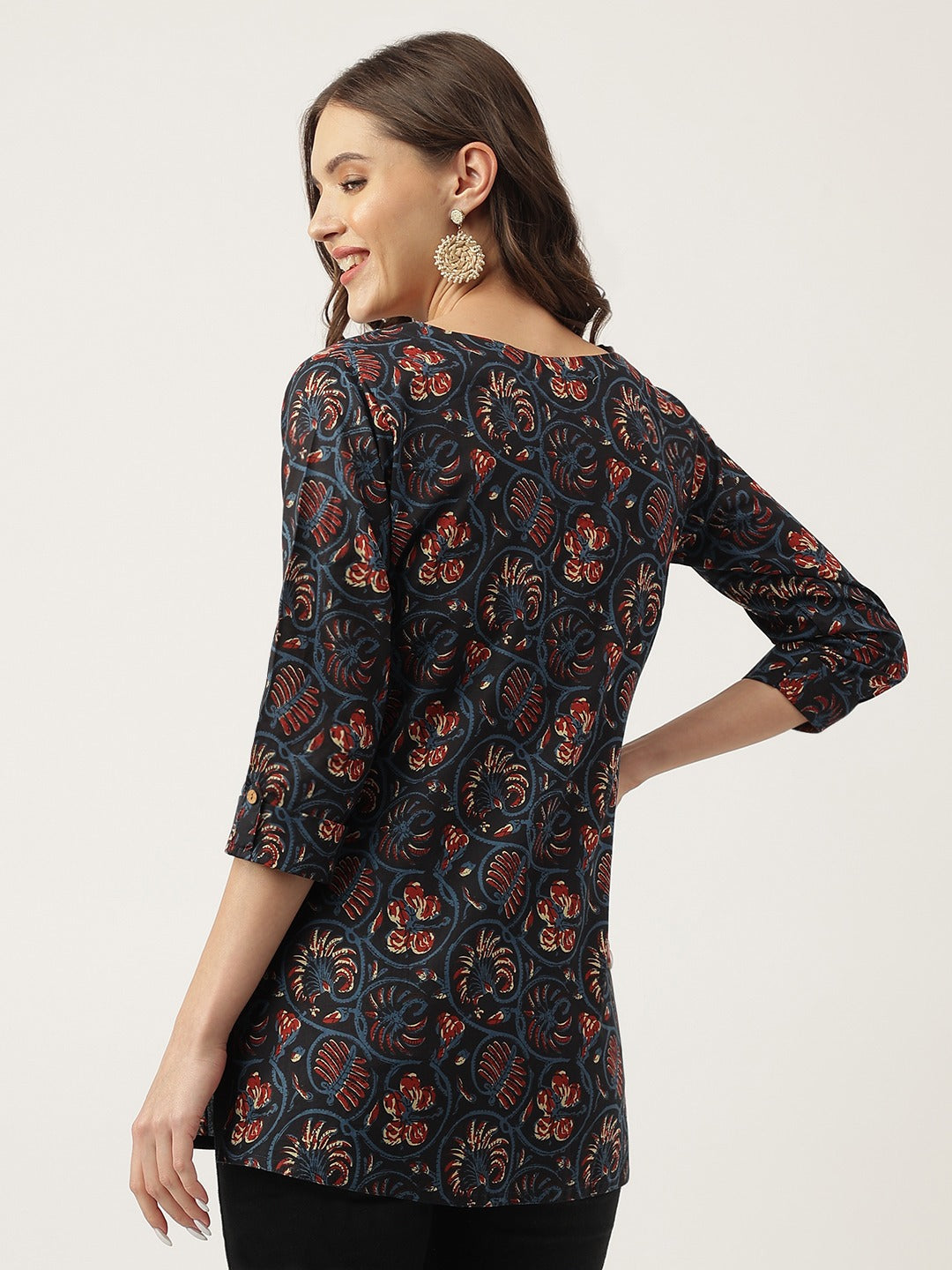 Navy Blue Floral Printed V-Neck Top