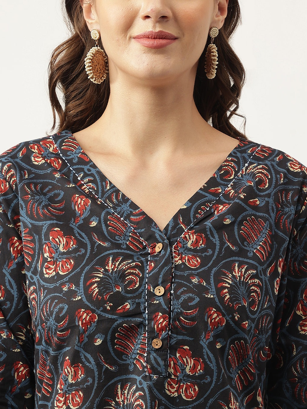 Navy Blue Floral Printed V-Neck Top