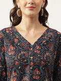 Navy Blue Floral Printed V-Neck Top