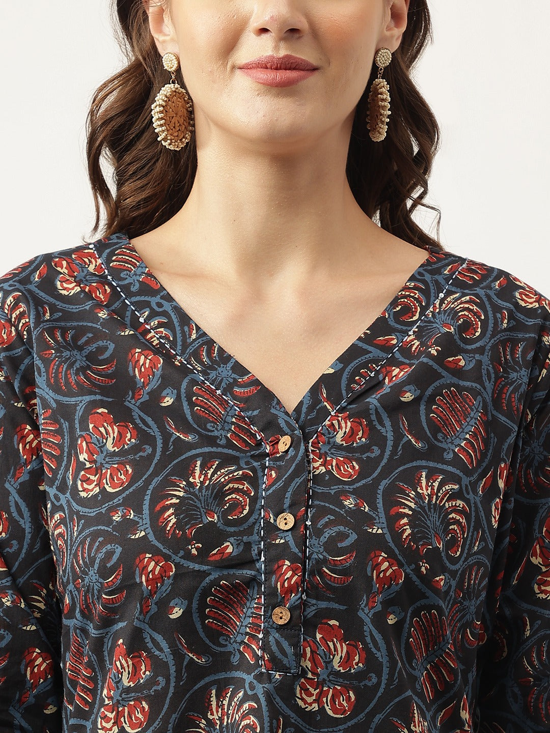Navy Blue Floral Printed V-Neck Top
