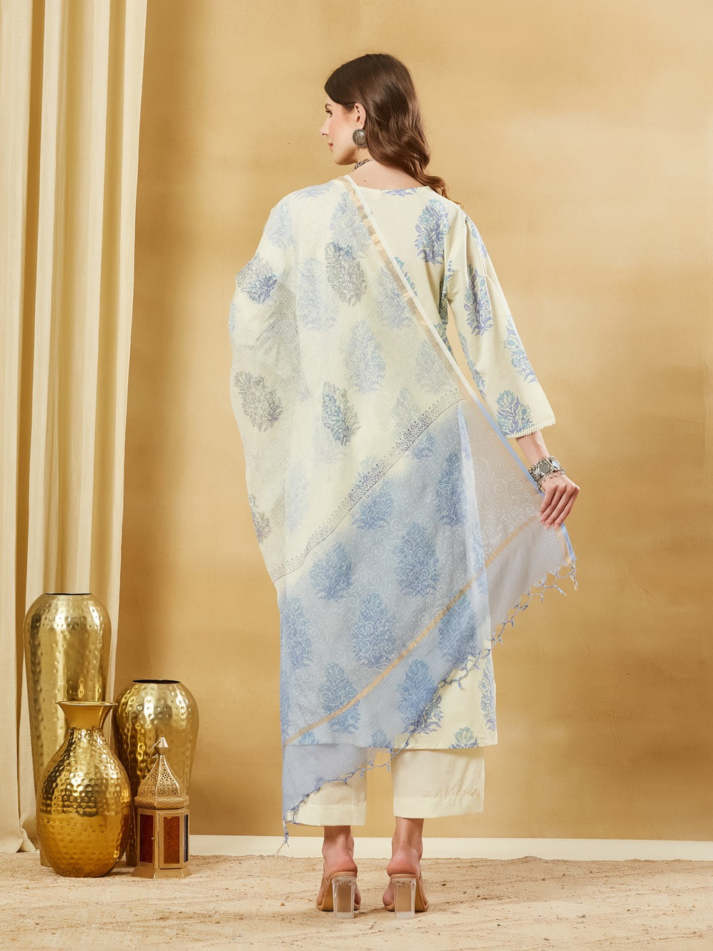 Pure Cotton Kurta Pant Set With Kota Doria Dupatta