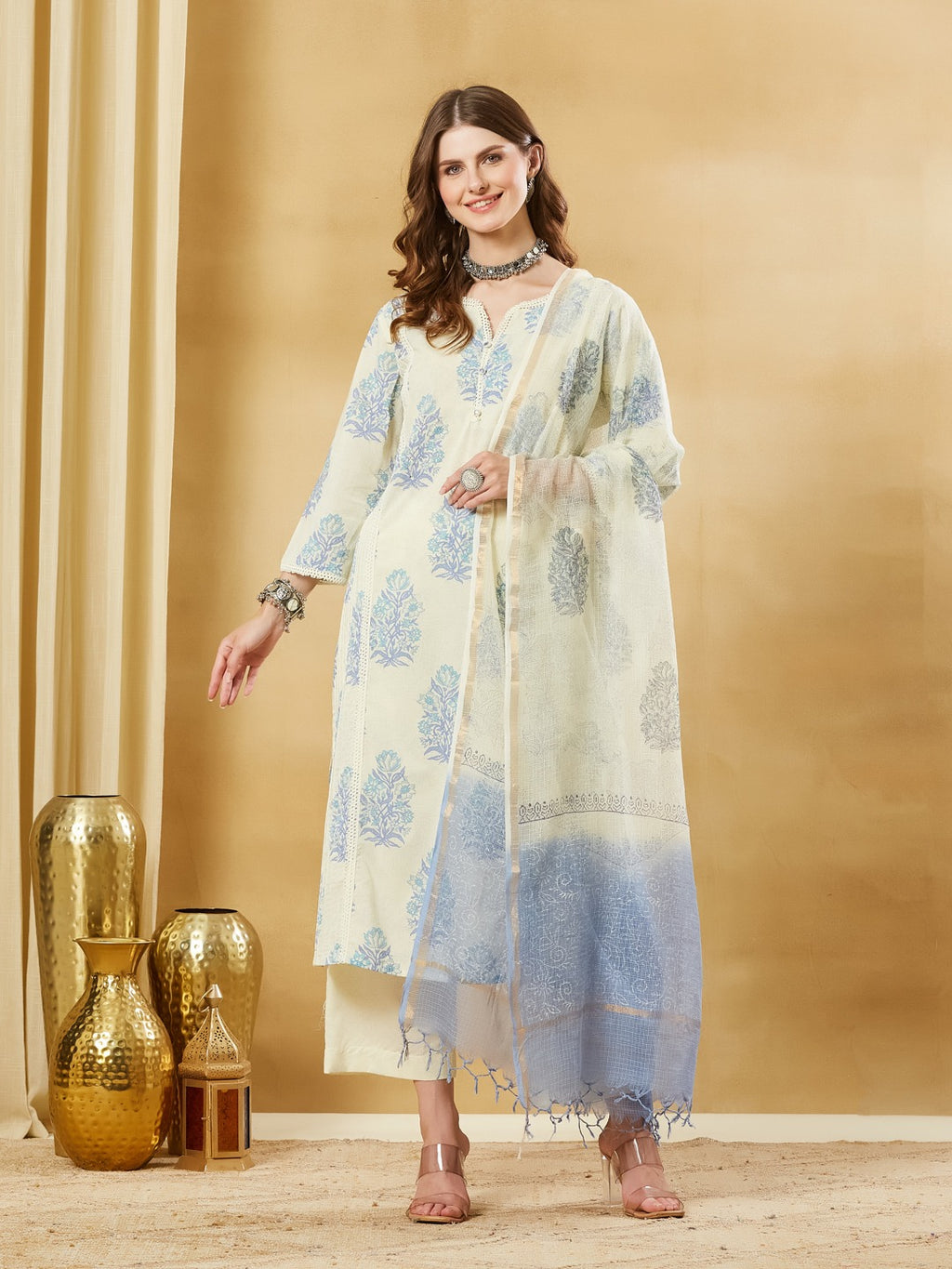 Pure Cotton Kurta Pant Set With Kota Doria Dupatta