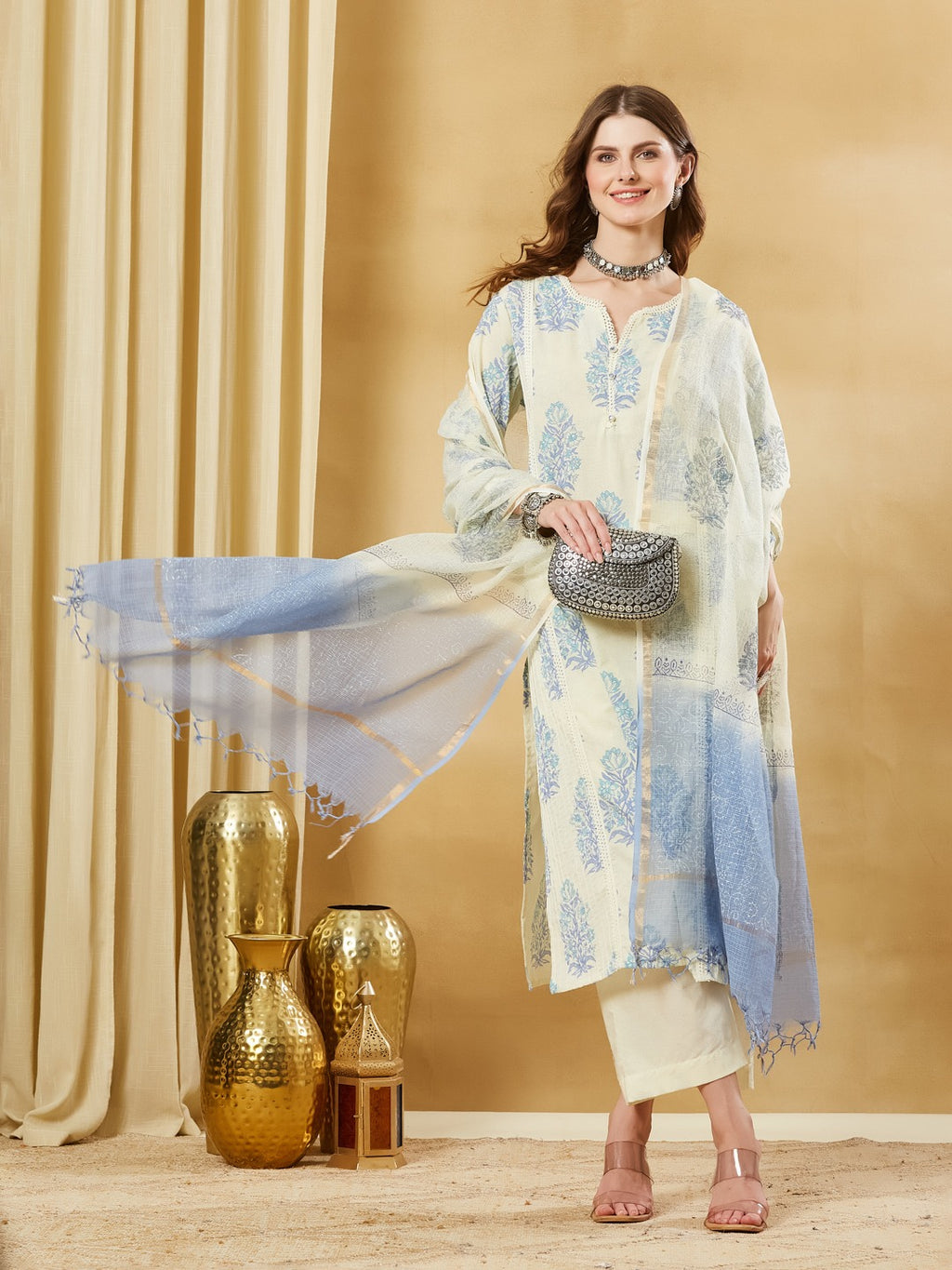 Pure Cotton Kurta Pant Set With Kota Doria Dupatta