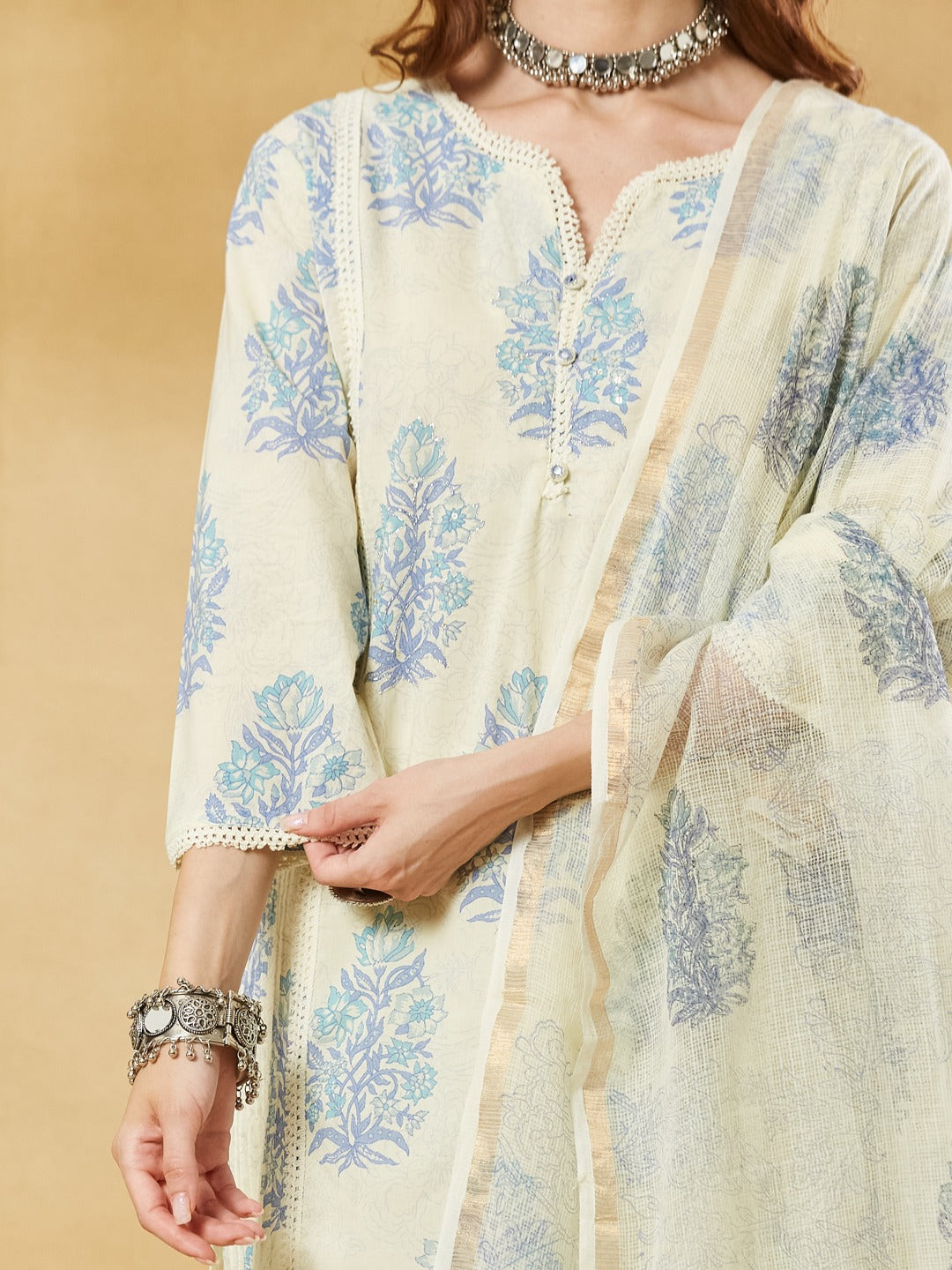 Pure Cotton Kurta Pant Set With Kota Doria Dupatta