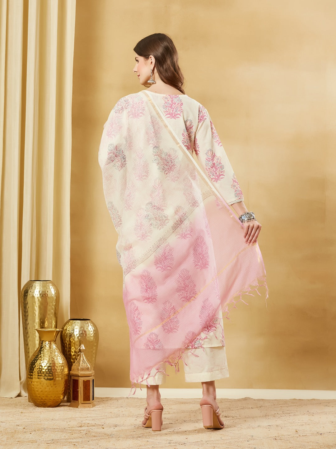 Pure Cotton Kurta Pant Set With Kota Doria Dupatta