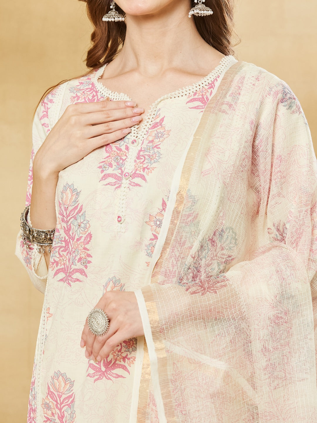Pure Cotton Kurta Pant Set With Kota Doria Dupatta