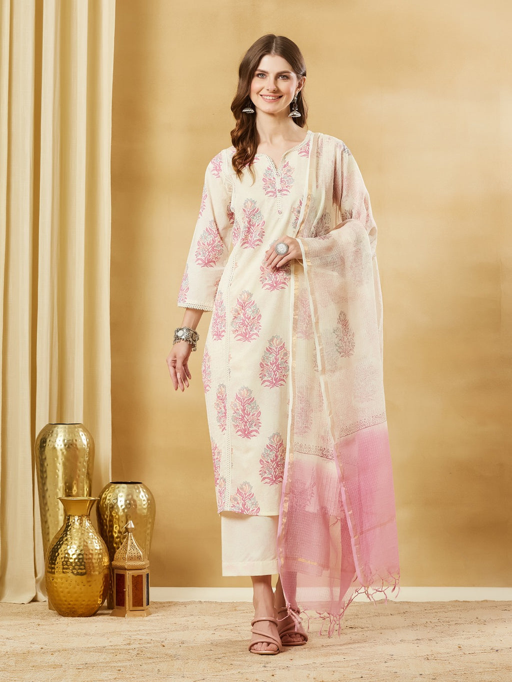 Pure Cotton Kurta Pant Set With Kota Doria Dupatta