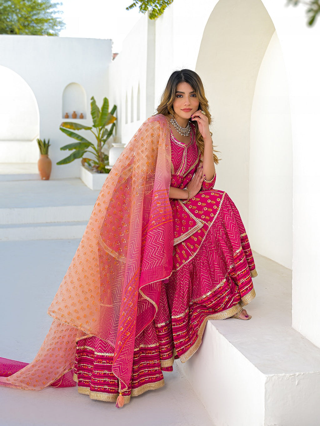 Pink Kurta Sharara Set With Organza Dupatta
