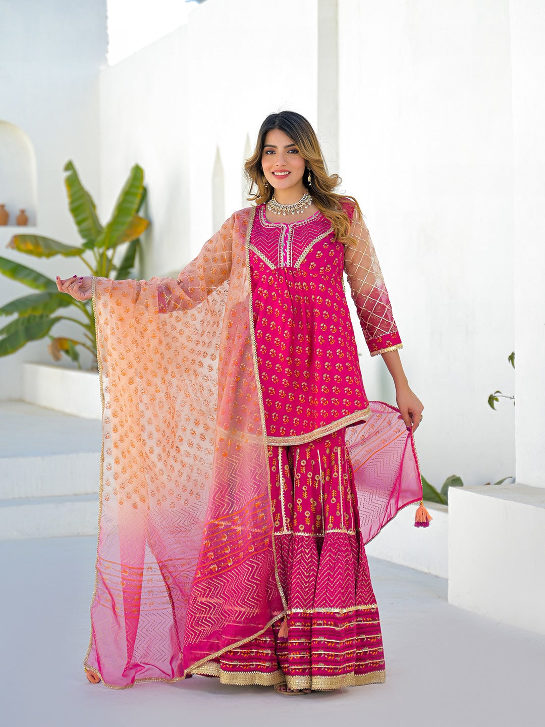 Pink Kurta Sharara Set With Organza Dupatta