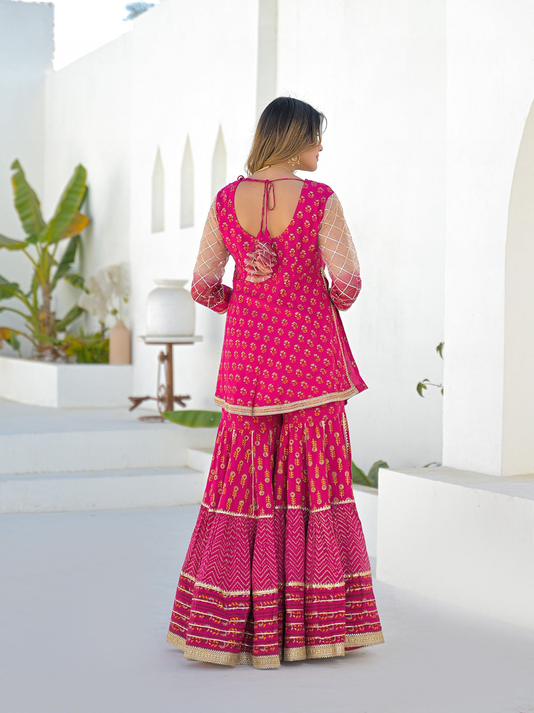 Pink Kurta Sharara Set With Organza Dupatta