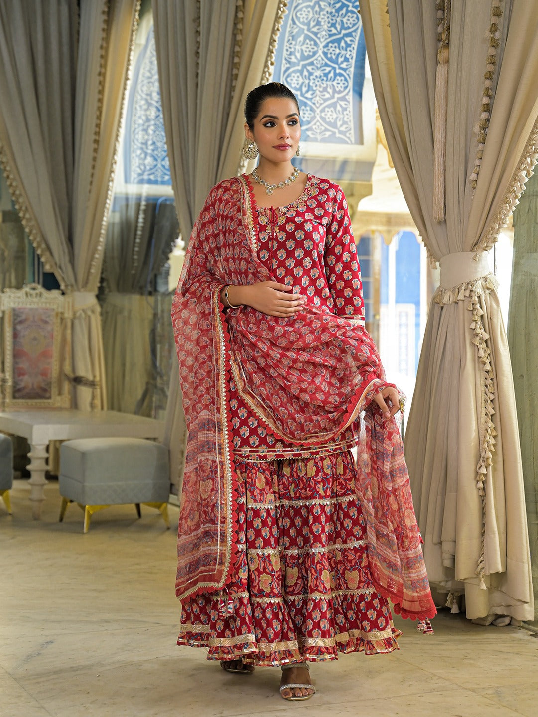 Handblock Pure Cotton Kurta Sharara Set With Dupatta