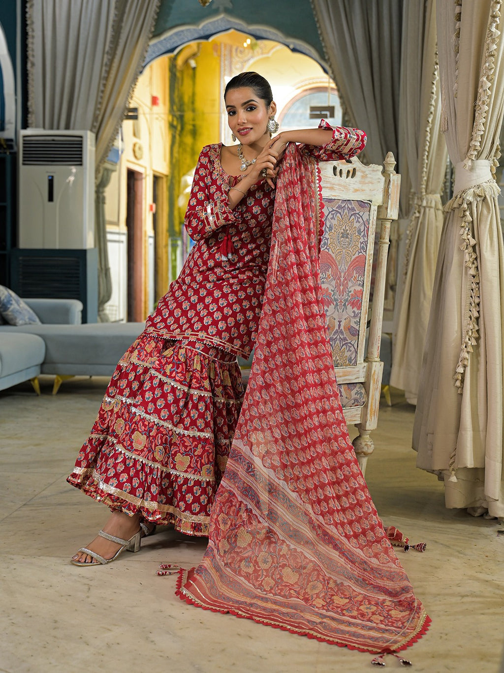 Handblock Pure Cotton Kurta Sharara Set With Dupatta