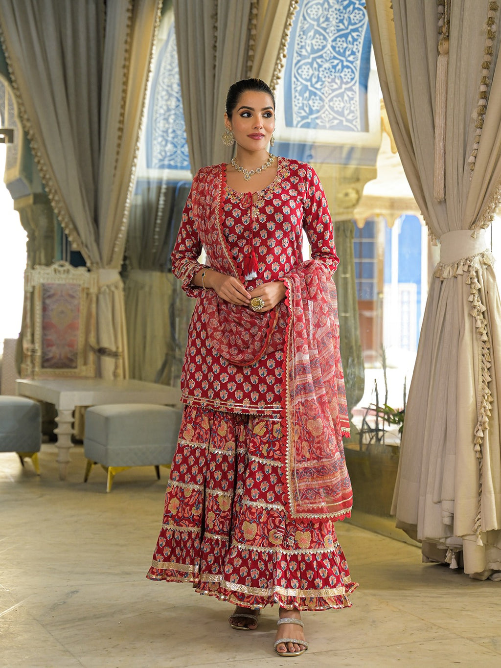 Handblock Pure Cotton Kurta Sharara Set With Dupatta
