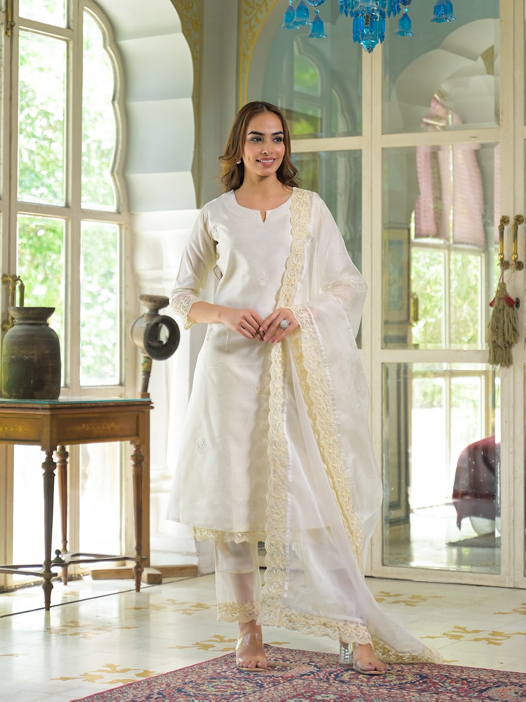Cream Chanderi Silk Kurta Pant Set with Organza Dupatta