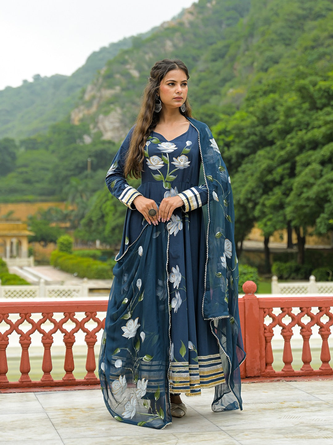 Blue Hand Painted Pure Cotton Anarkali Kurta Pant Set With Dupatta