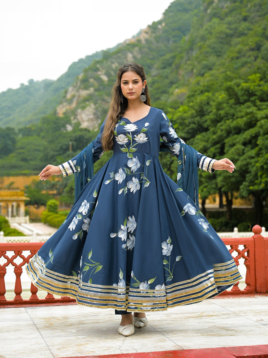 Blue Hand Painted Pure Cotton Anarkali Kurta Pant Set With Dupatta
