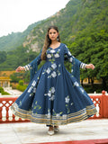 Blue Hand Painted Pure Cotton Anarkali Kurta Pant Set With Dupatta