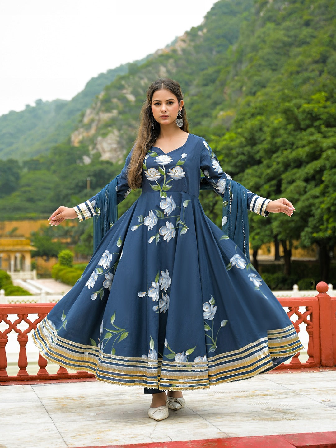 Blue Hand Painted Pure Cotton Anarkali Kurta Pant Set With Dupatta