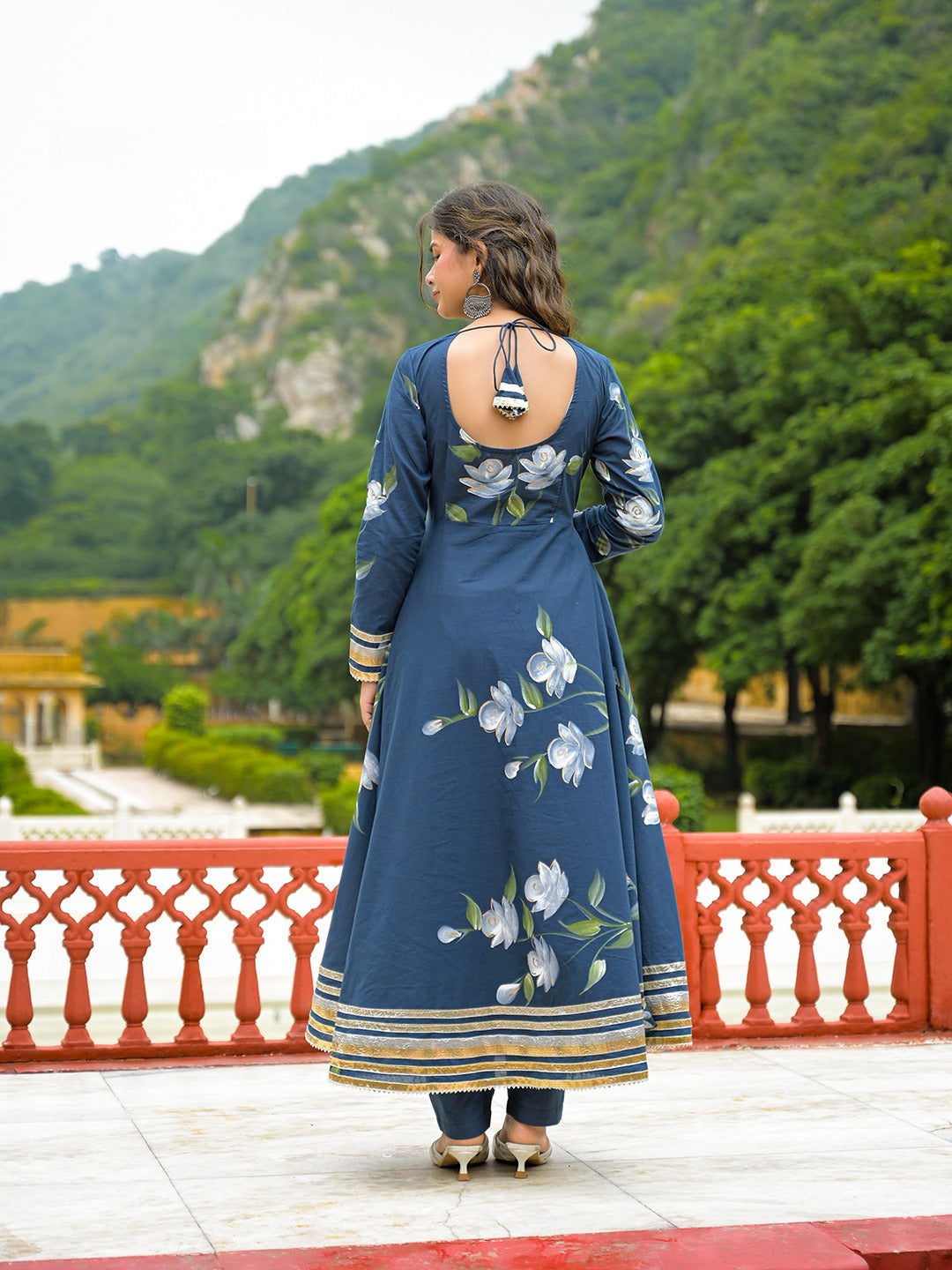 Blue Hand Painted Pure Cotton Anarkali Kurta Pant Set With Dupatta