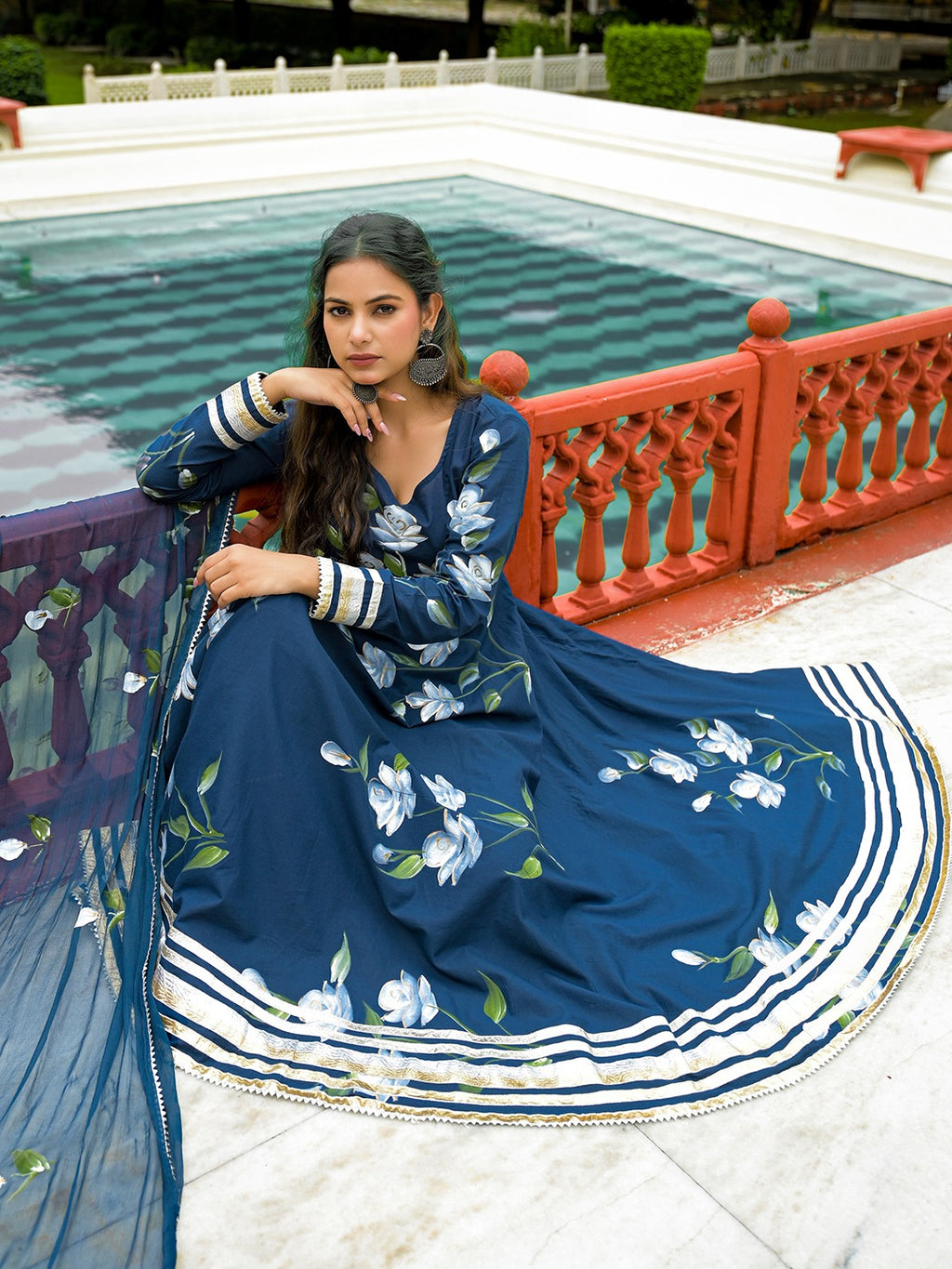 Blue Hand Painted Pure Cotton Anarkali Kurta Pant Set With Dupatta