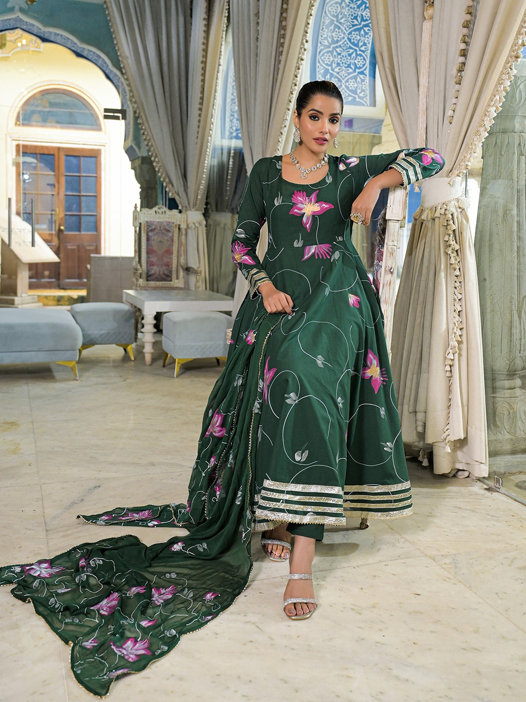 Dark Green Hand Painted Pure Cotton Anarkali Kurta Pant Set With Dupatta