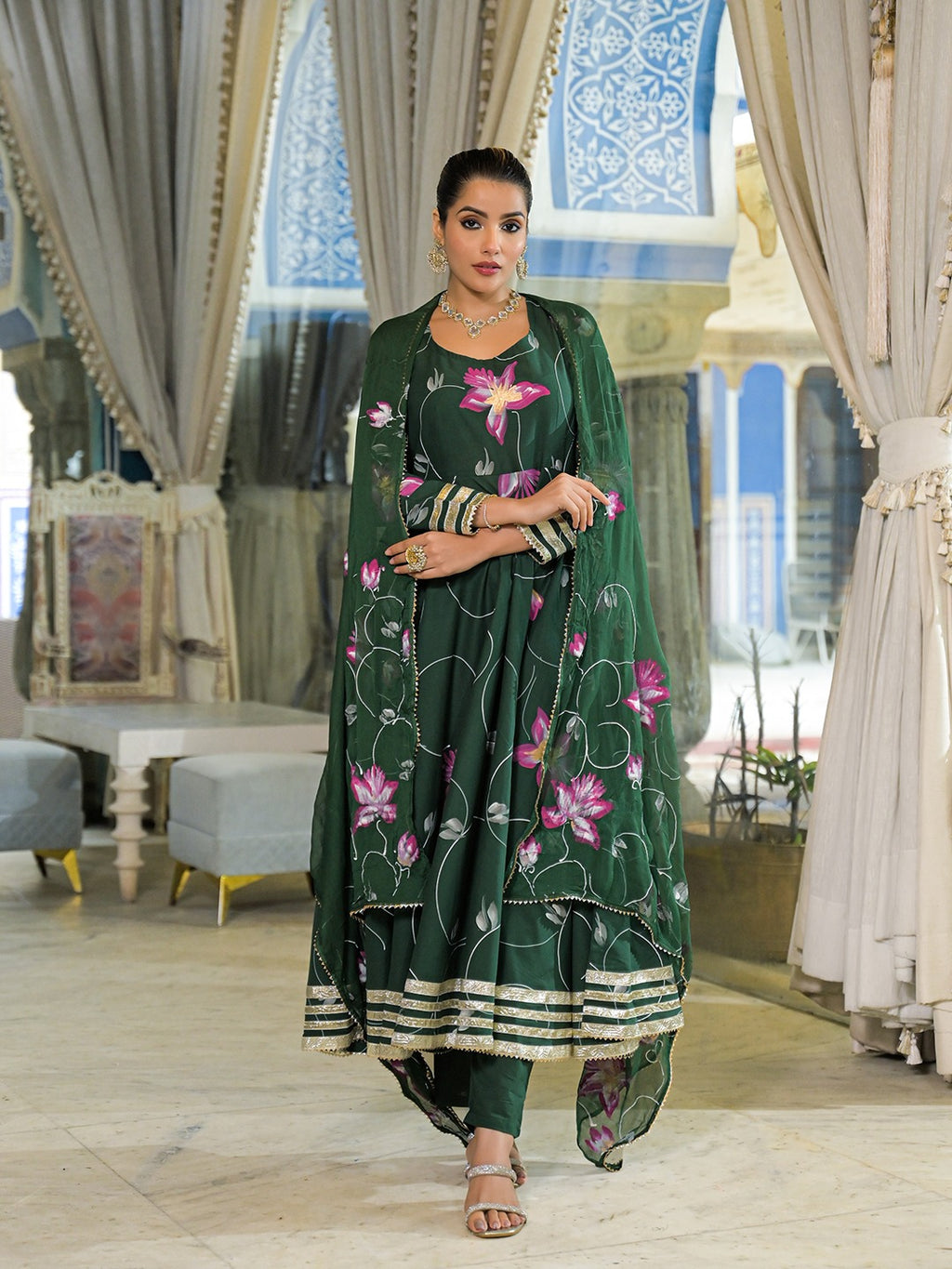 Dark Green Hand Painted Pure Cotton Anarkali Kurta Pant Set With Dupatta