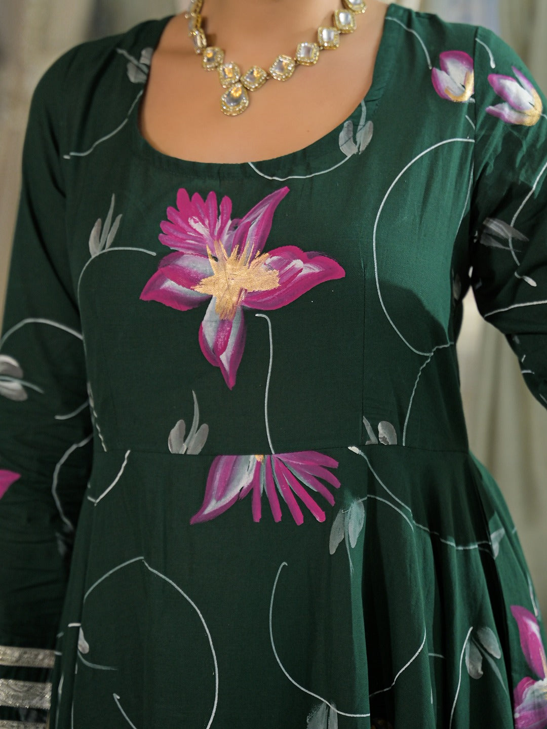 Dark Green Hand Painted Pure Cotton Anarkali Kurta Pant Set With Dupatta