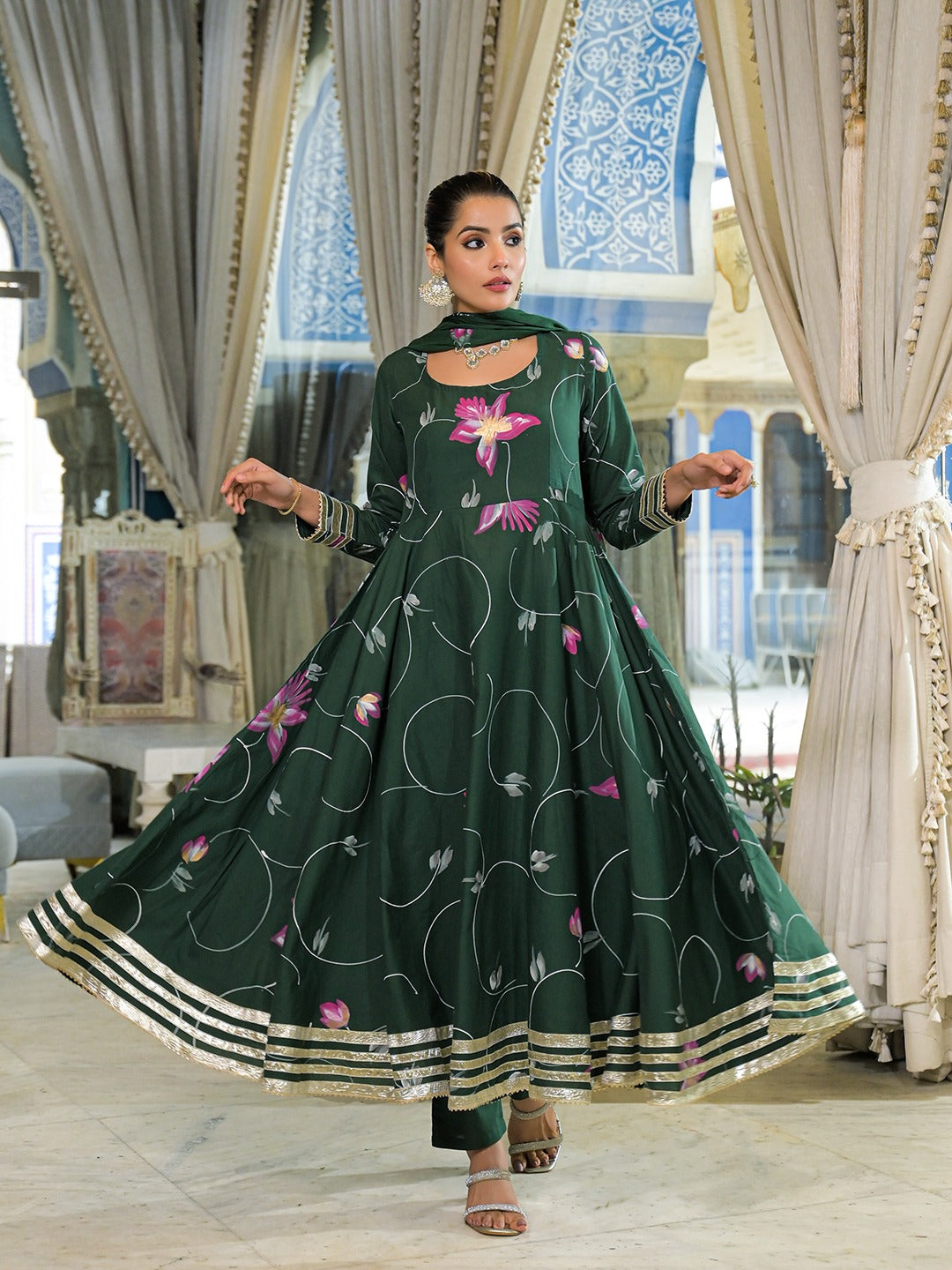 Dark Green Hand Painted Pure Cotton Anarkali Kurta Pant Set With Dupatta