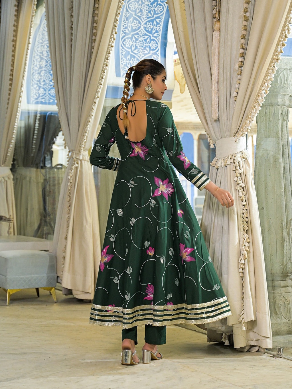 Dark Green Hand Painted Pure Cotton Anarkali Kurta Pant Set With Dupatta