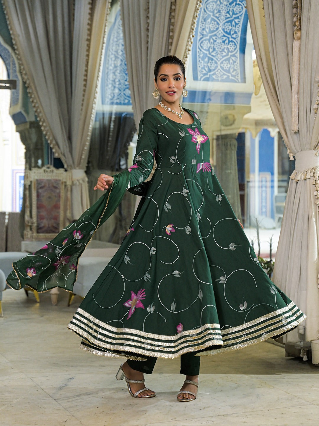 Dark Green Hand Painted Pure Cotton Anarkali Kurta Pant Set With Dupatta