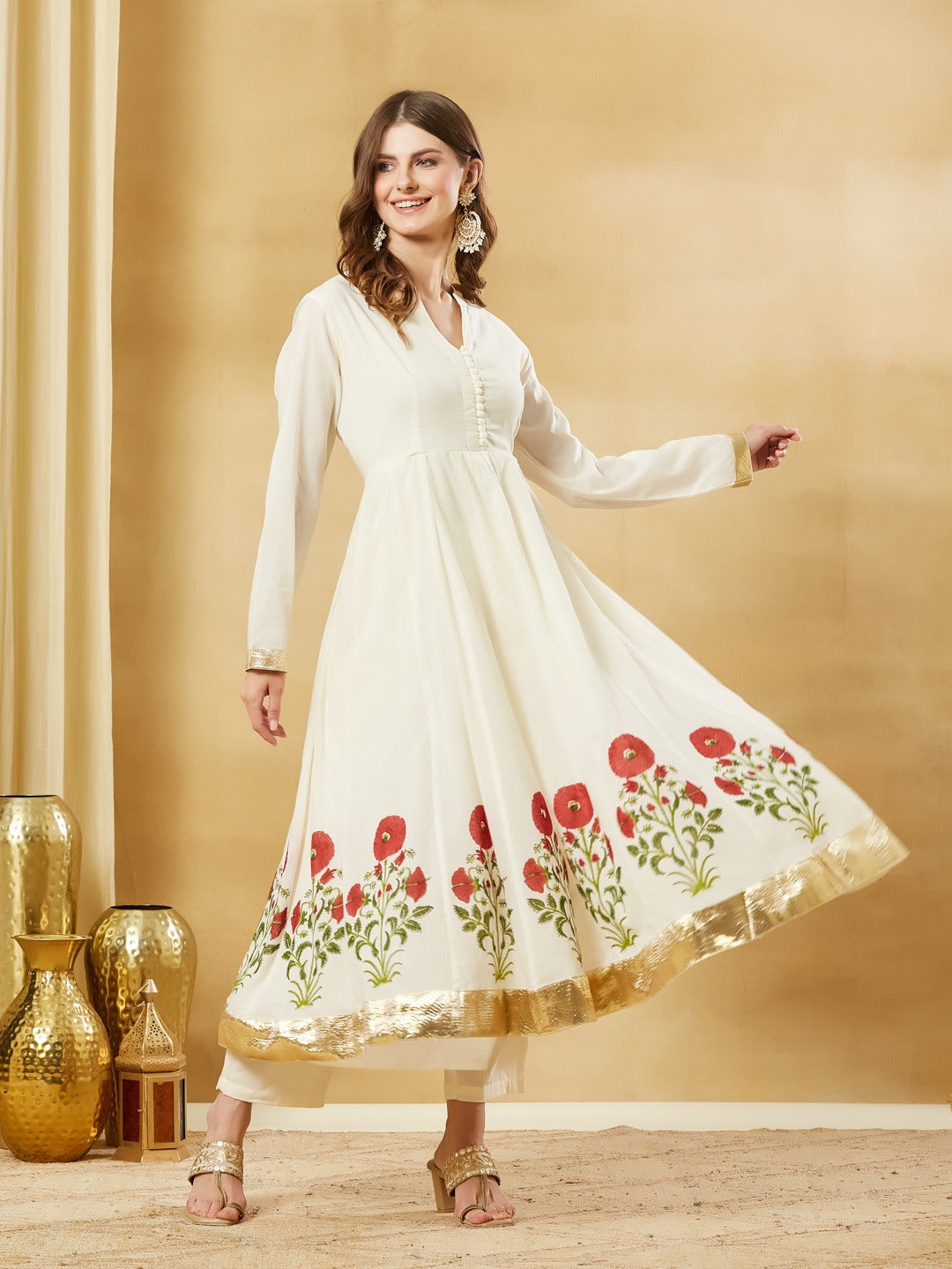 White Handblock Floral Print Pure Cotton Anarkali Kurta Set With Mulmul Dupatta