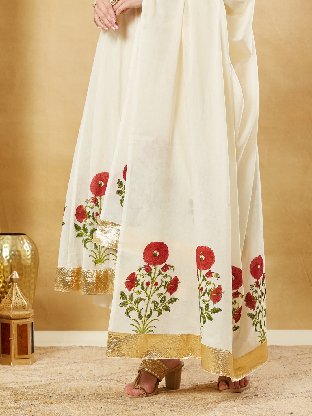 White Handblock Floral Print Pure Cotton Anarkali Kurta Set With Mulmul Dupatta