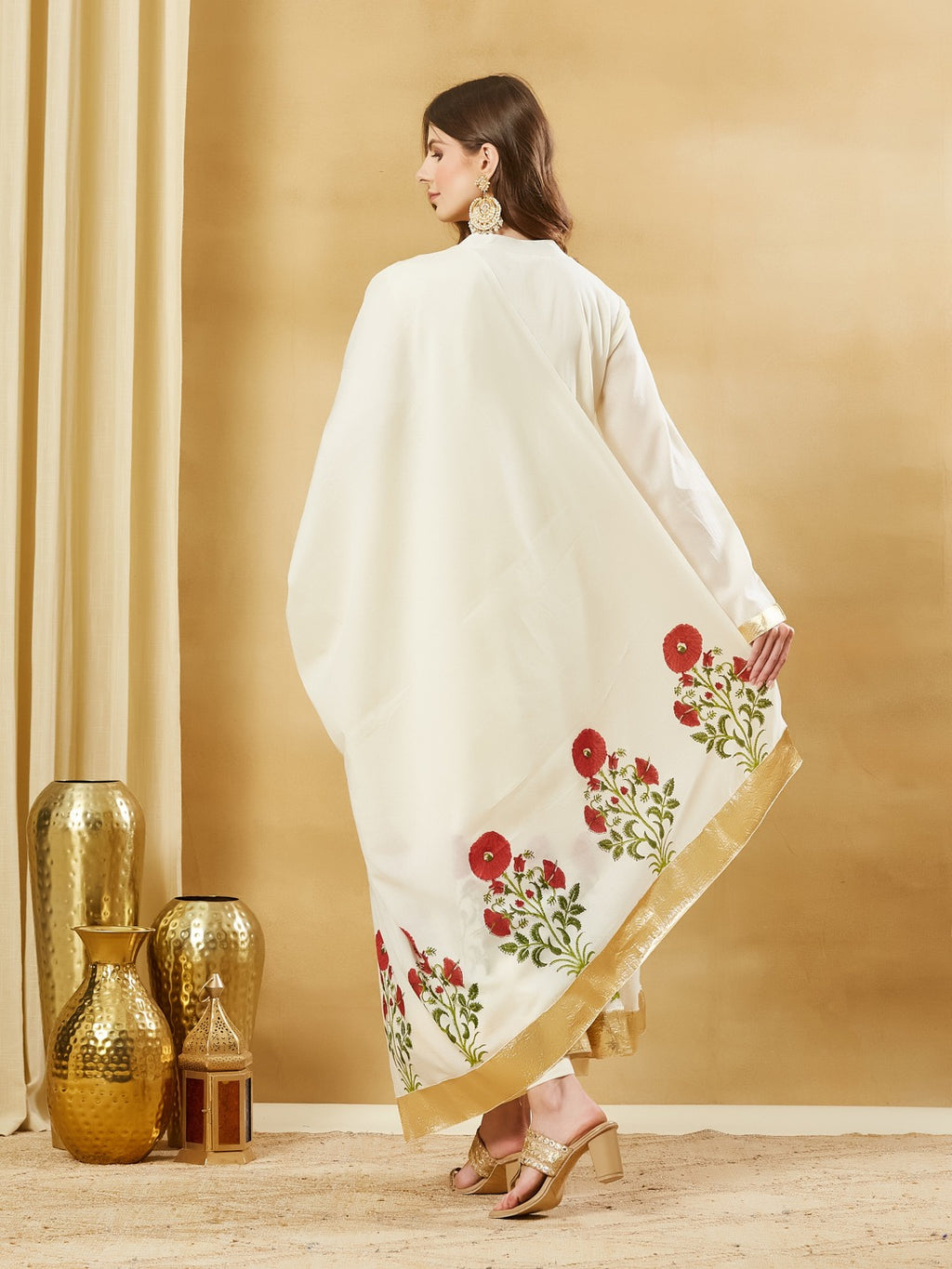 White Handblock Floral Print Pure Cotton Anarkali Kurta Set With Mulmul Dupatta