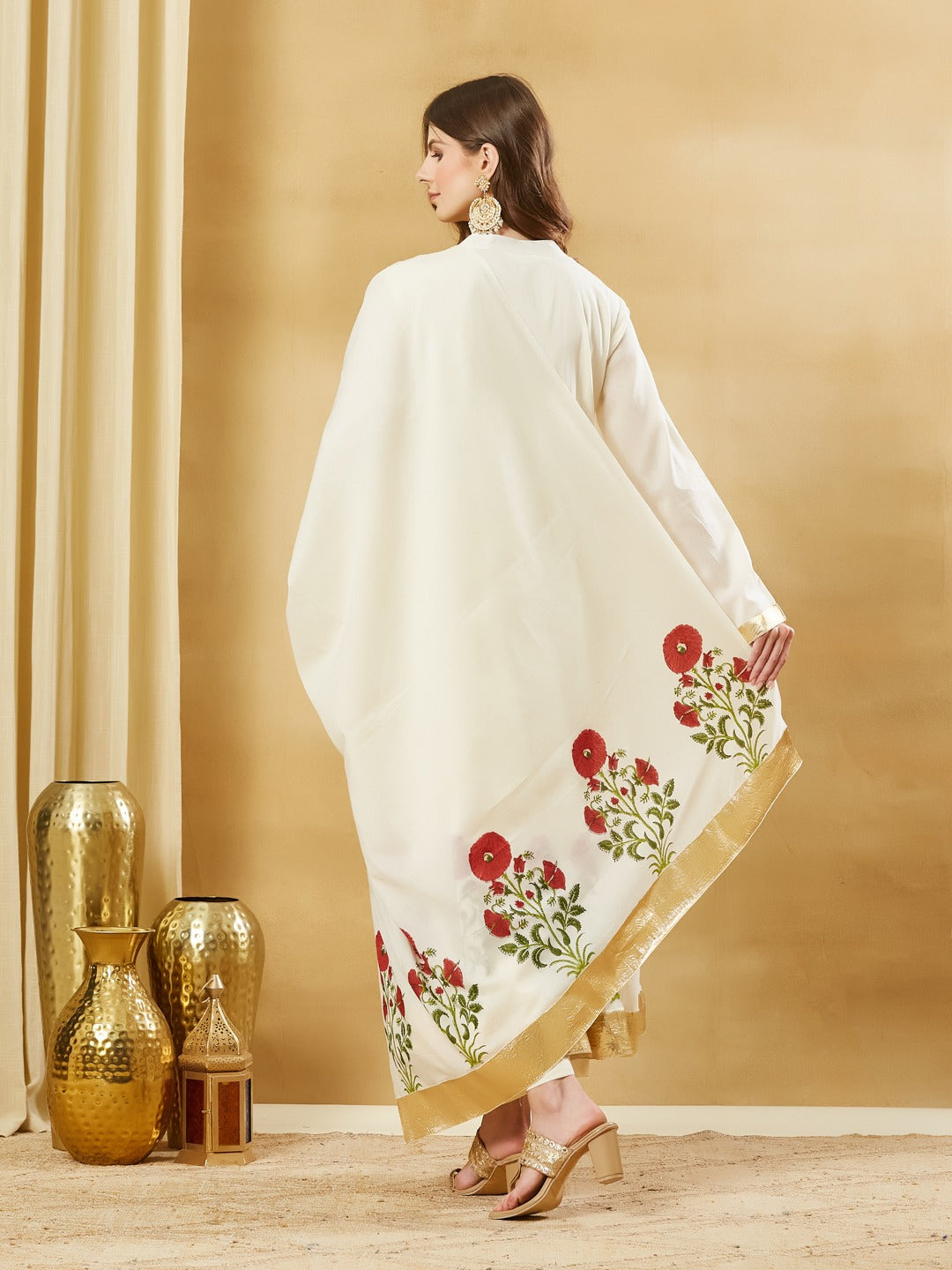 White Handblock Floral Print Pure Cotton Anarkali Kurta Set With Mulmul Dupatta