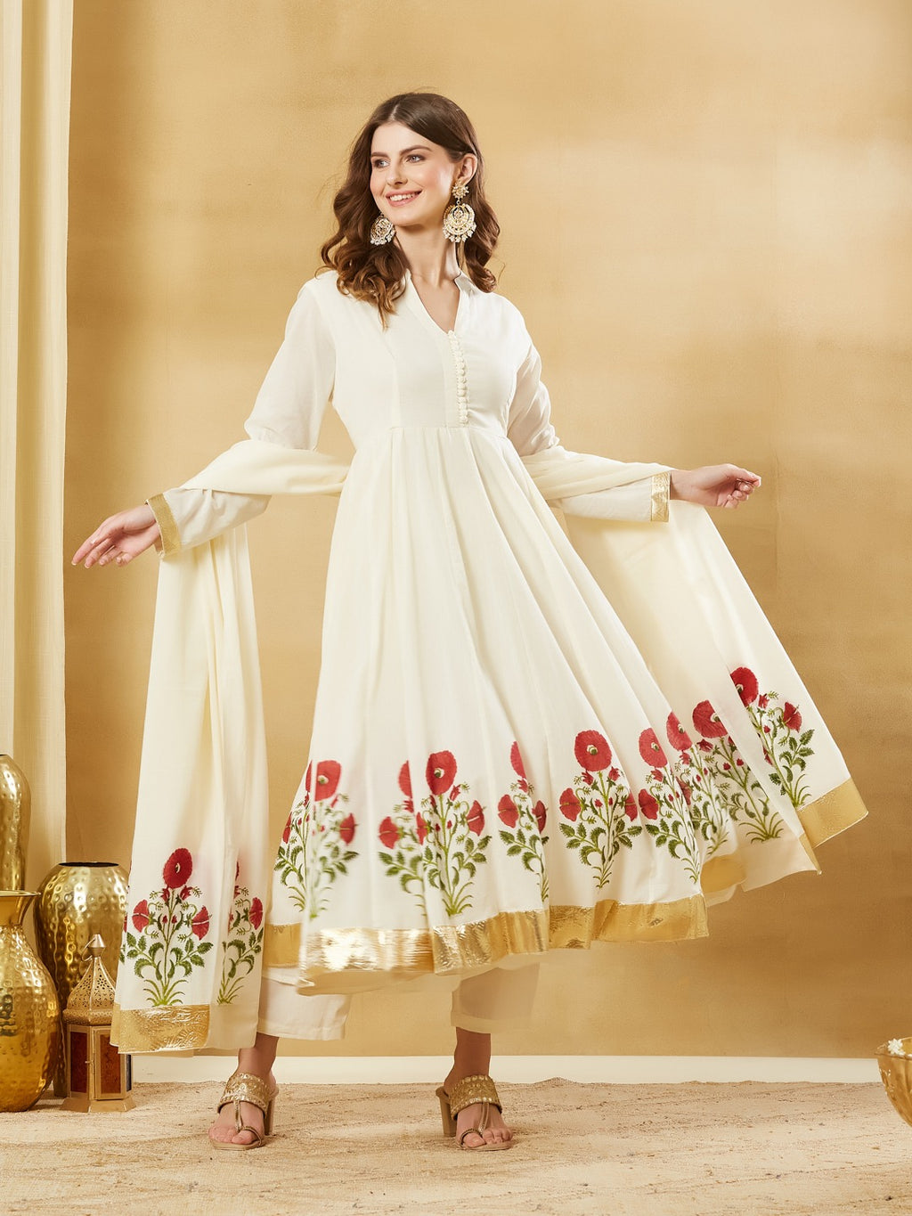 White Handblock Floral Print Pure Cotton Anarkali Kurta Set With Mulmul Dupatta
