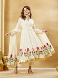 White Handblock Floral Print Pure Cotton Anarkali Kurta Set With Mulmul Dupatta