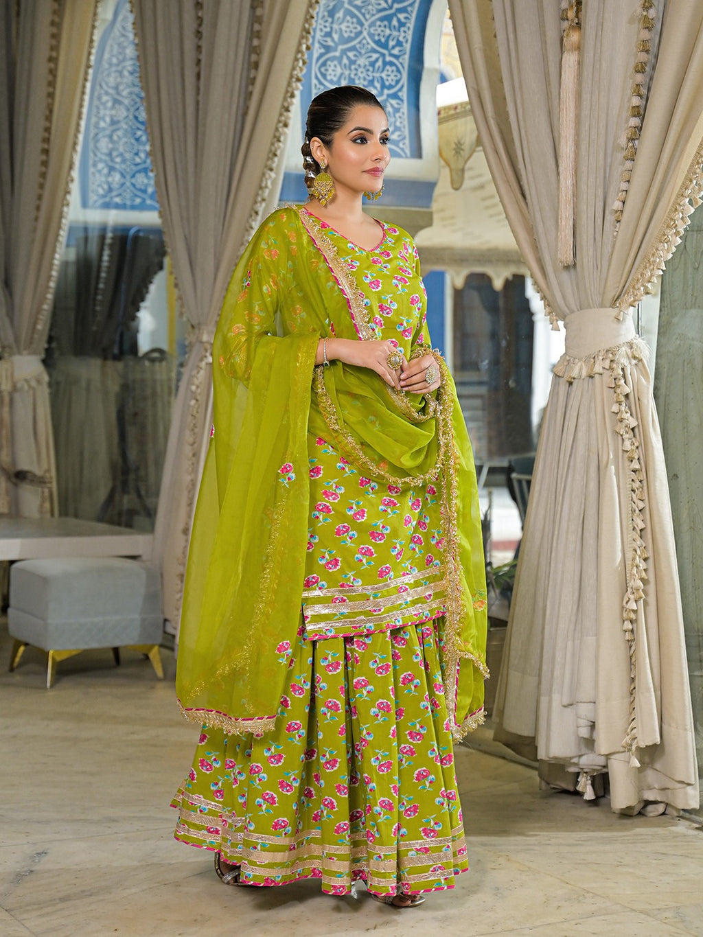 Green Pure Cotton Kurti Lehenga Set With Organza Dupatta