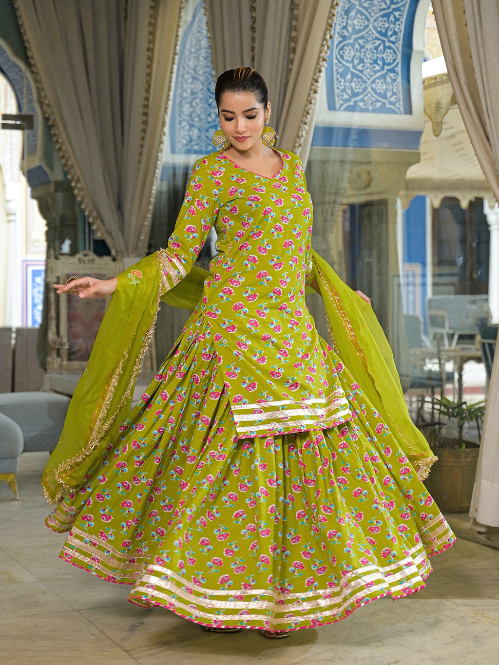 Green Pure Cotton Kurti Lehenga Set With Organza Dupatta
