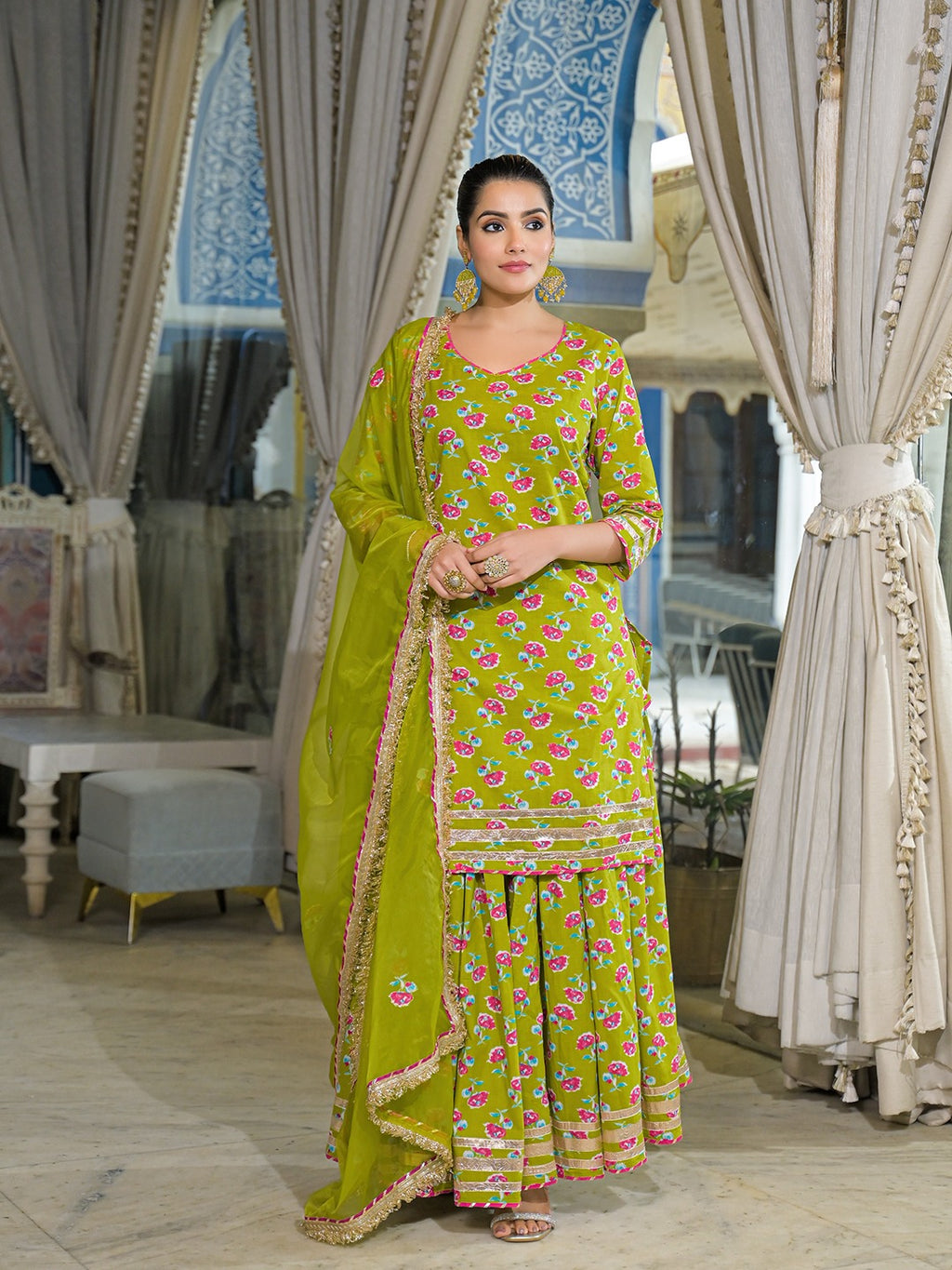 Green Pure Cotton Kurti Lehenga Set With Organza Dupatta