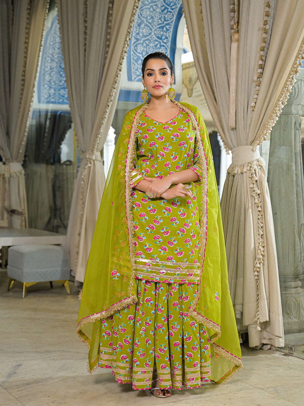 Green Pure Cotton Kurti Lehenga Set With Organza Dupatta