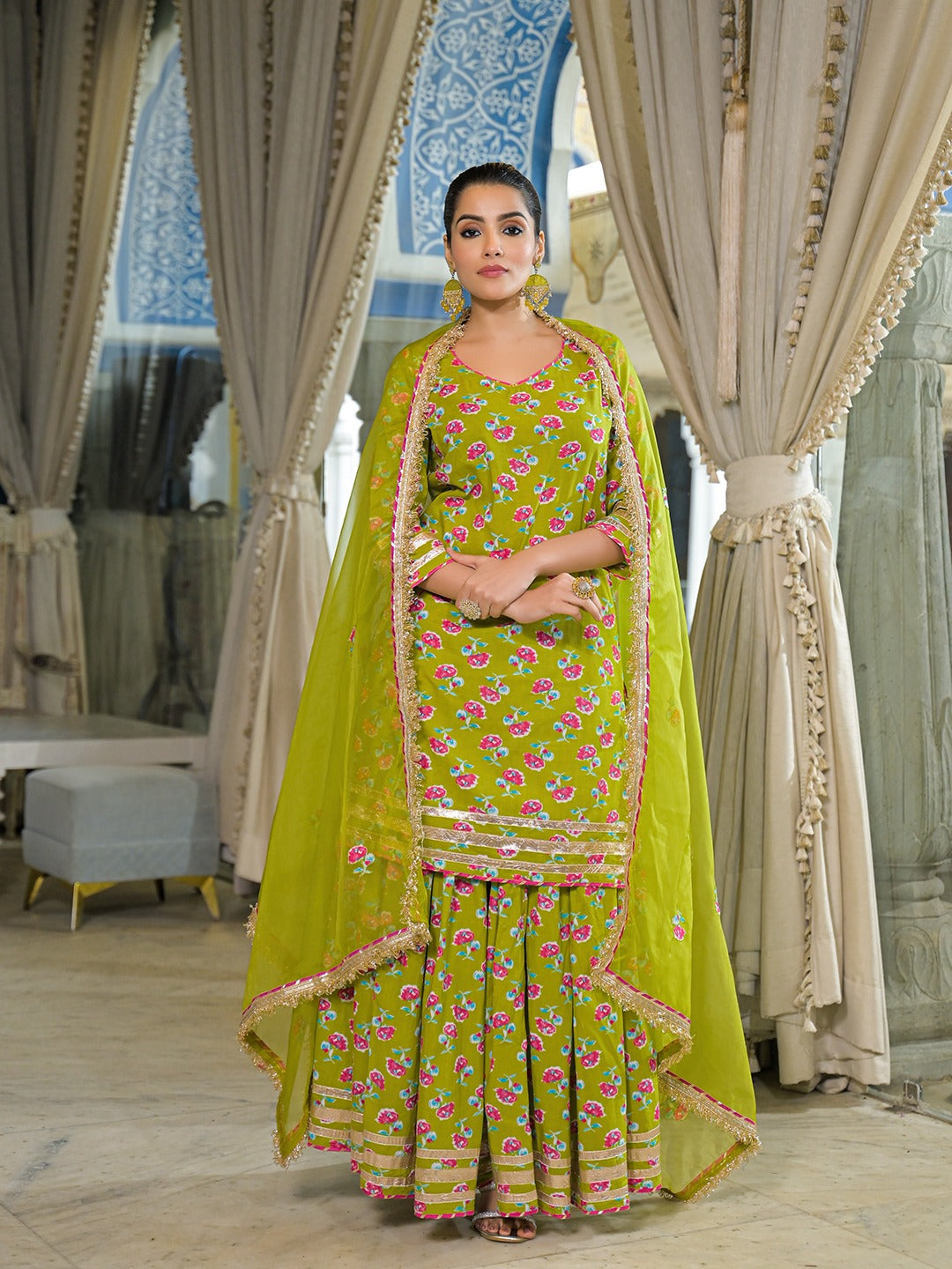 Green Pure Cotton Kurti Lehenga Set With Organza Dupatta
