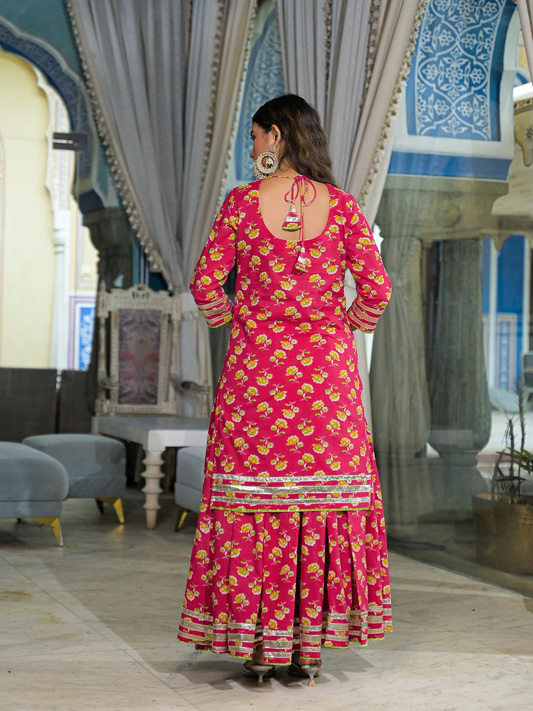 Pink Pure Cotton Kurti Lehenga Set With Organza Dupatta