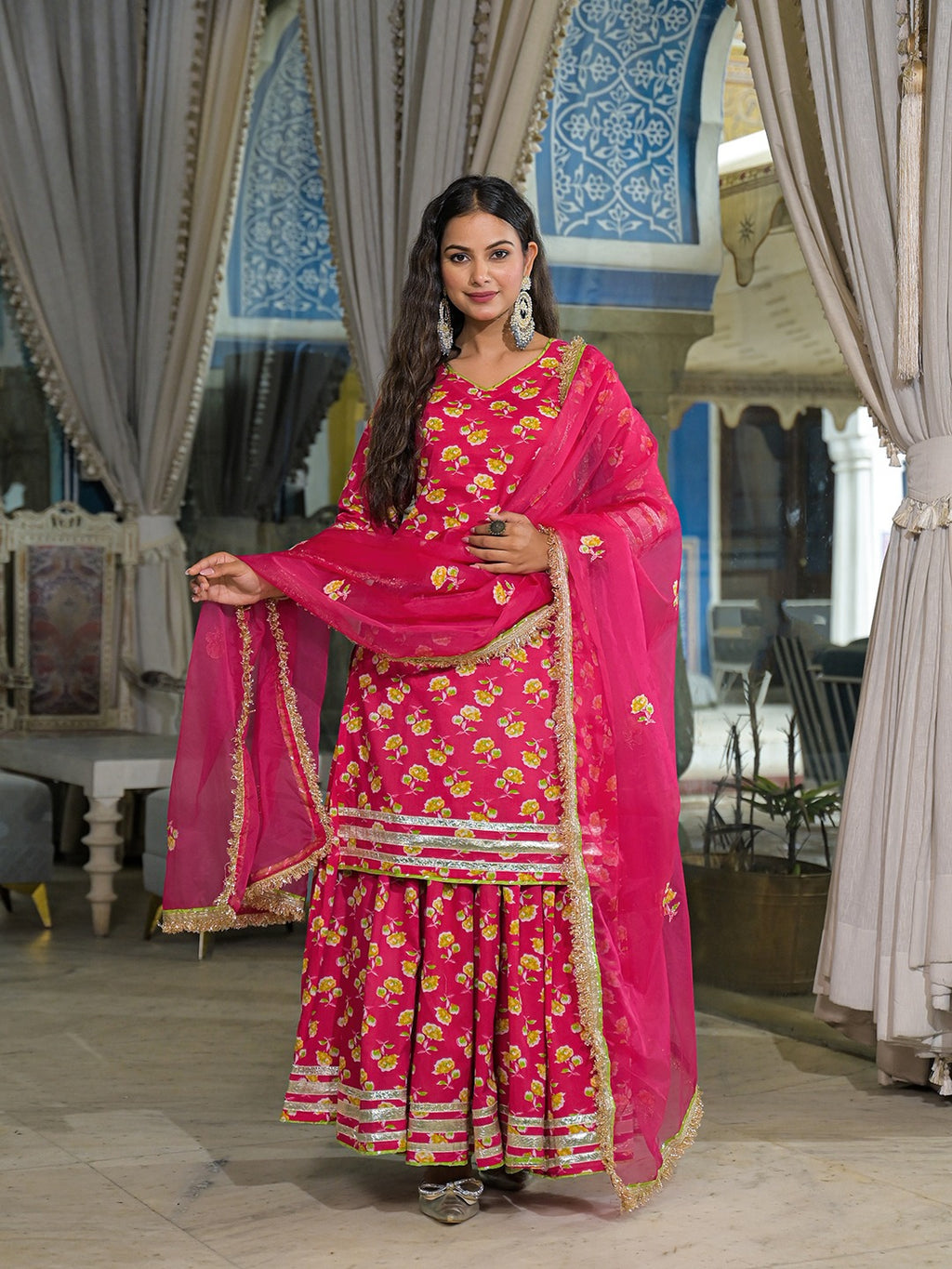Pink Pure Cotton Kurti Lehenga Set With Organza Dupatta