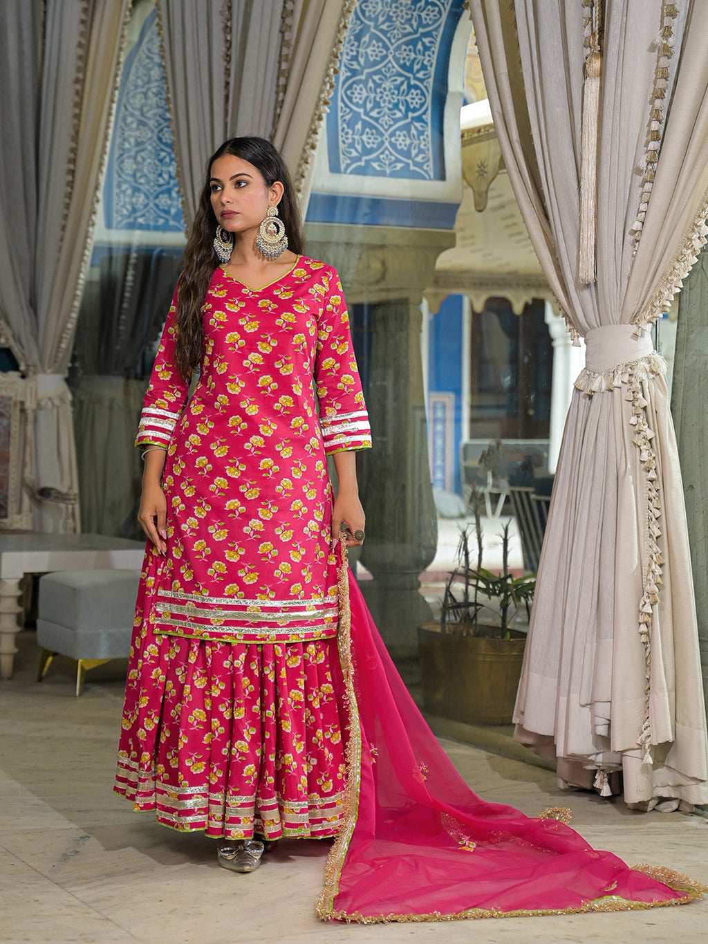 Pink Pure Cotton Kurti Lehenga Set With Organza Dupatta