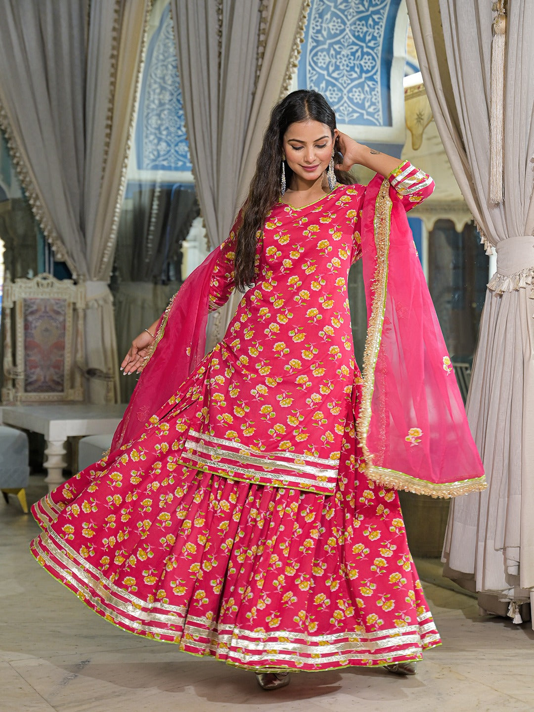 Pink Pure Cotton Kurti Lehenga Set With Organza Dupatta